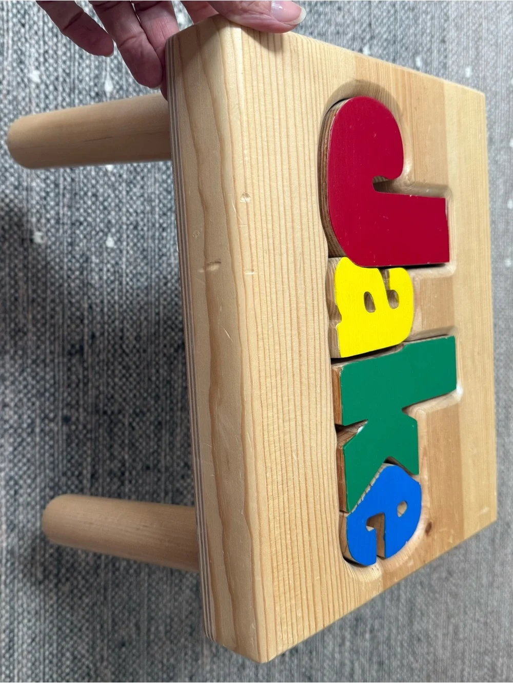 Wooden Name Puzzle Stool 'Jake' - Multicolor Letter Blocks